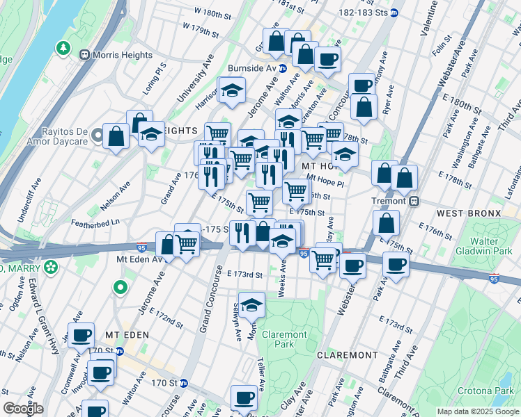 map of restaurants, bars, coffee shops, grocery stores, and more near 1760 Morris Avenue in The Bronx