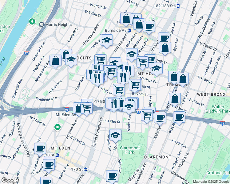 map of restaurants, bars, coffee shops, grocery stores, and more near 1760-1798 Morris Avenue in Bronx