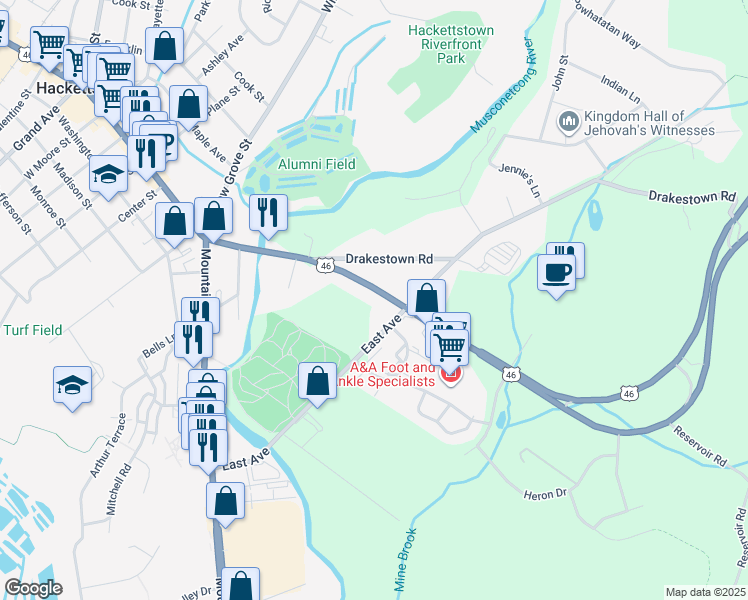 map of restaurants, bars, coffee shops, grocery stores, and more near 31 U.S. 46 in Hackettstown