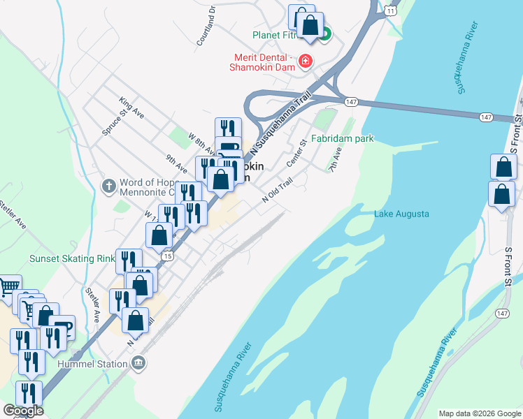 map of restaurants, bars, coffee shops, grocery stores, and more near 3352 North Old Trail in Shamokin Dam