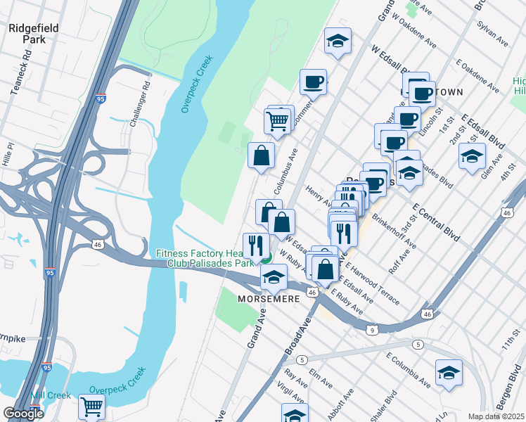 map of restaurants, bars, coffee shops, grocery stores, and more near 141 West Ruby Avenue in Palisades Park