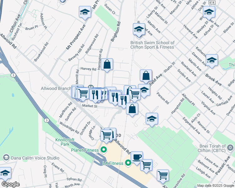 map of restaurants, bars, coffee shops, grocery stores, and more near 6 Brighton Road in Clifton
