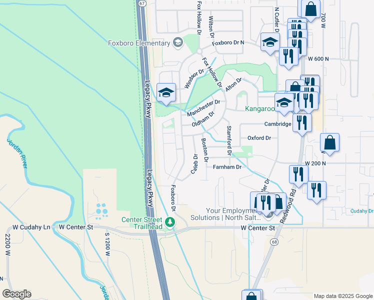 map of restaurants, bars, coffee shops, grocery stores, and more near 274 Foxboro Drive North in North Salt Lake