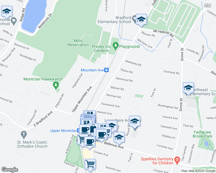 map of restaurants, bars, coffee shops, grocery stores, and more near Valley Road in Montclair