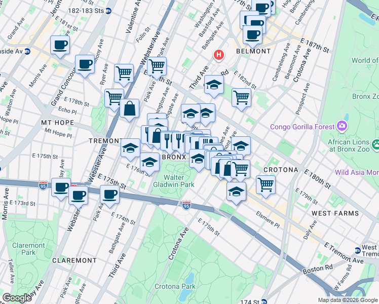 map of restaurants, bars, coffee shops, grocery stores, and more near 563 East Tremont Avenue in Bronx
