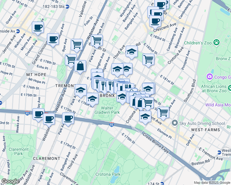 map of restaurants, bars, coffee shops, grocery stores, and more near 1977 Lafontaine Avenue in Bronx