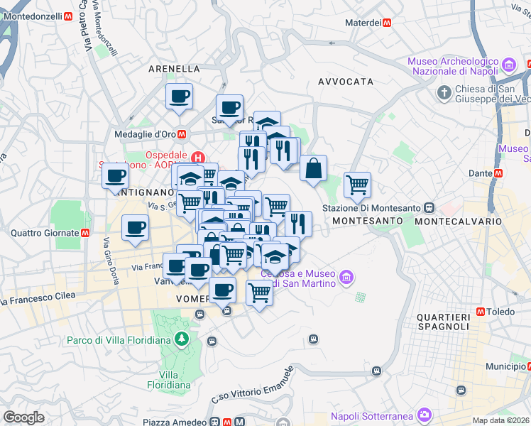 map of restaurants, bars, coffee shops, grocery stores, and more near 21 Via Giuseppe Bonito in Naples