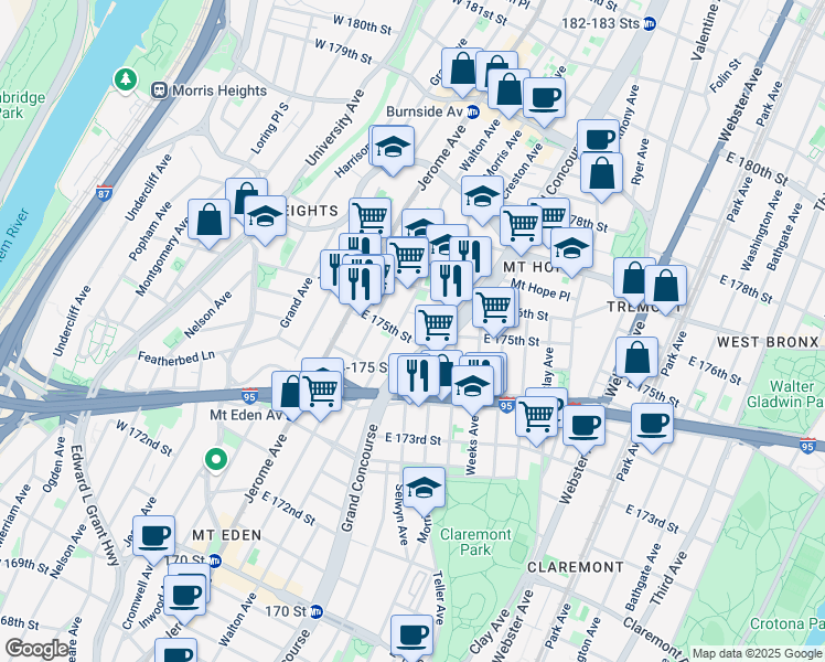 map of restaurants, bars, coffee shops, grocery stores, and more near 1760-1798 Morris Avenue in Bronx