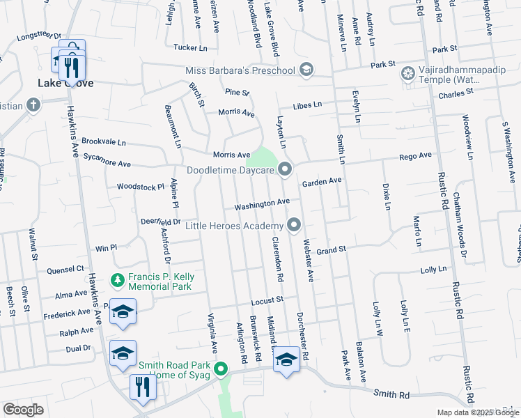 map of restaurants, bars, coffee shops, grocery stores, and more near 94 Clarendon Road in Lake Ronkonkoma