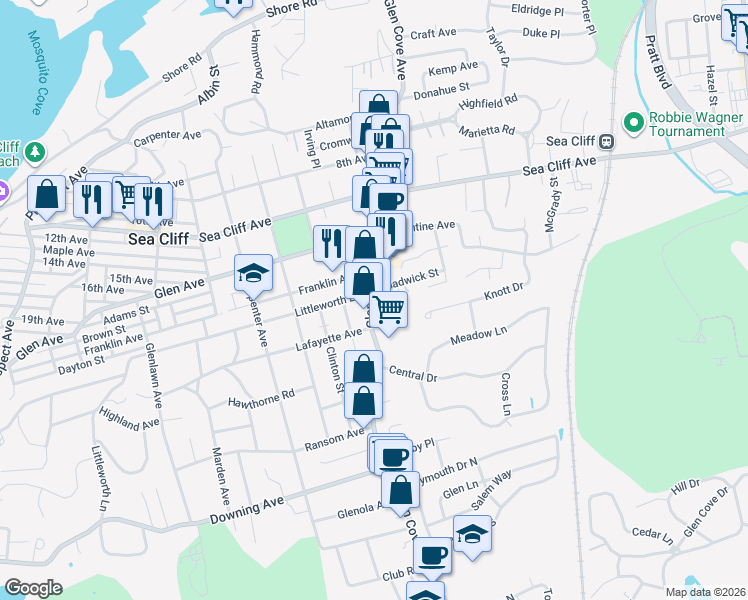 map of restaurants, bars, coffee shops, grocery stores, and more near 232 Glen Cove Avenue in Glen Cove