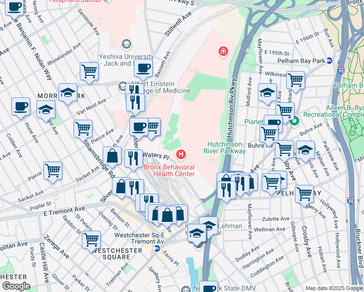 map of restaurants, bars, coffee shops, grocery stores, and more near 1500 Waters Place in Bronx