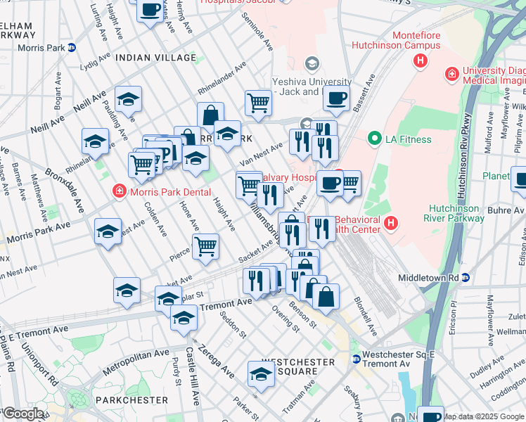 map of restaurants, bars, coffee shops, grocery stores, and more near 1562 Williamsbridge Road in Bronx