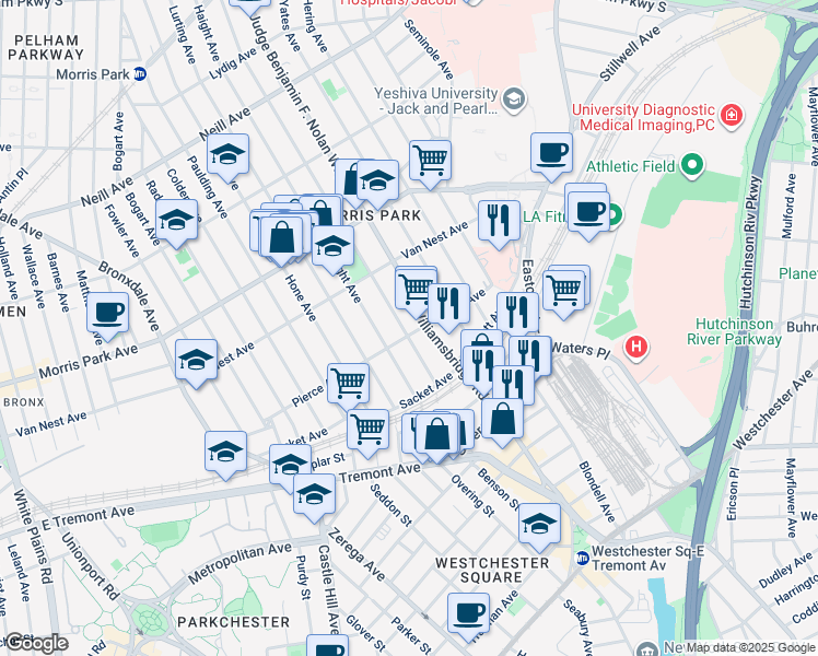 map of restaurants, bars, coffee shops, grocery stores, and more near 1590 Tomlinson Avenue in Bronx