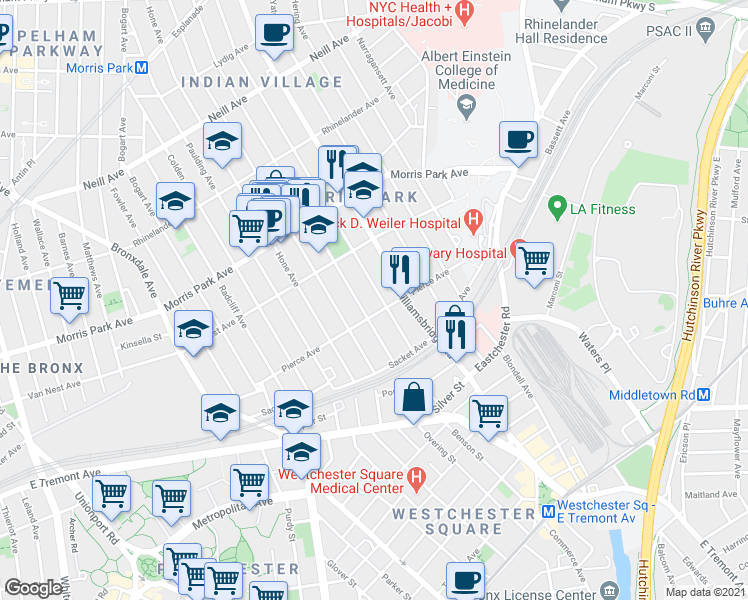 map of restaurants, bars, coffee shops, grocery stores, and more near 1089 Pierce Avenue in The Bronx