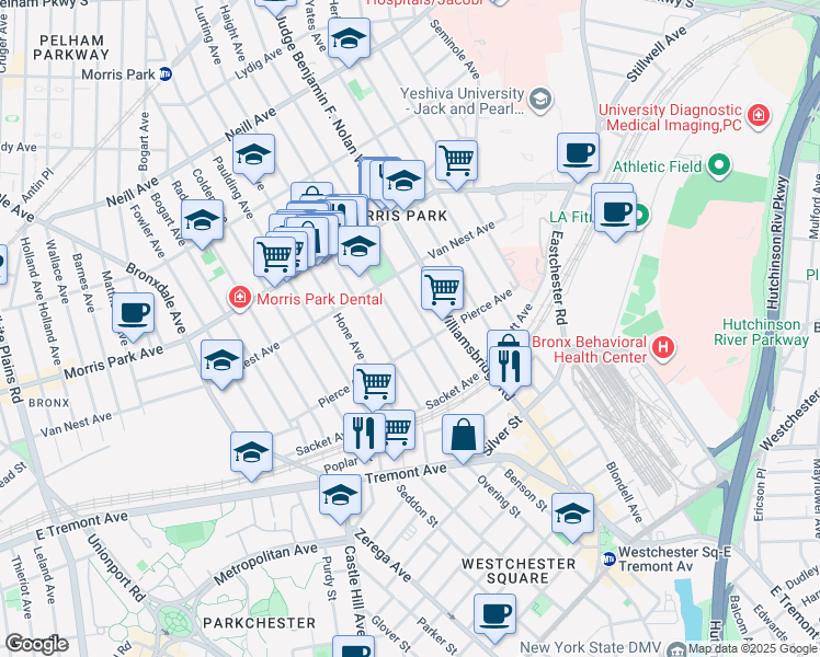 map of restaurants, bars, coffee shops, grocery stores, and more near 1087 Pierce Avenue in Bronx