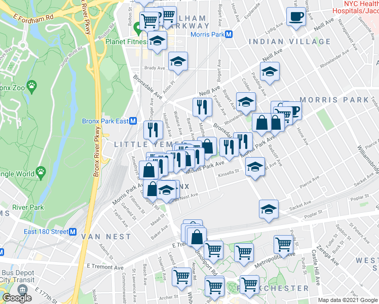 map of restaurants, bars, coffee shops, grocery stores, and more near 1821 Barnes Avenue in The Bronx