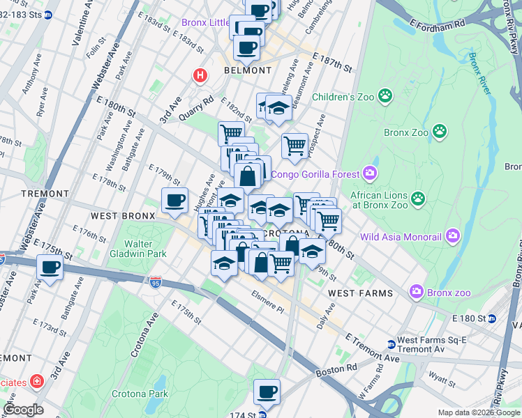 map of restaurants, bars, coffee shops, grocery stores, and more near in Bronx