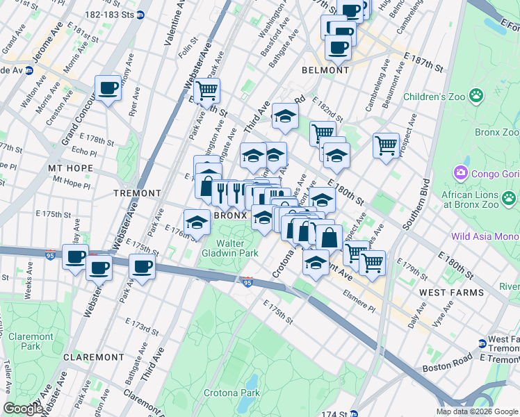 map of restaurants, bars, coffee shops, grocery stores, and more near in The Bronx