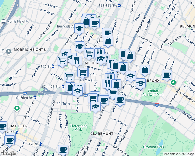 map of restaurants, bars, coffee shops, grocery stores, and more near in The Bronx