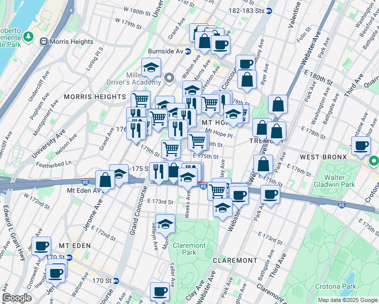 map of restaurants, bars, coffee shops, grocery stores, and more near 1780 Eastburn Avenue in Bronx