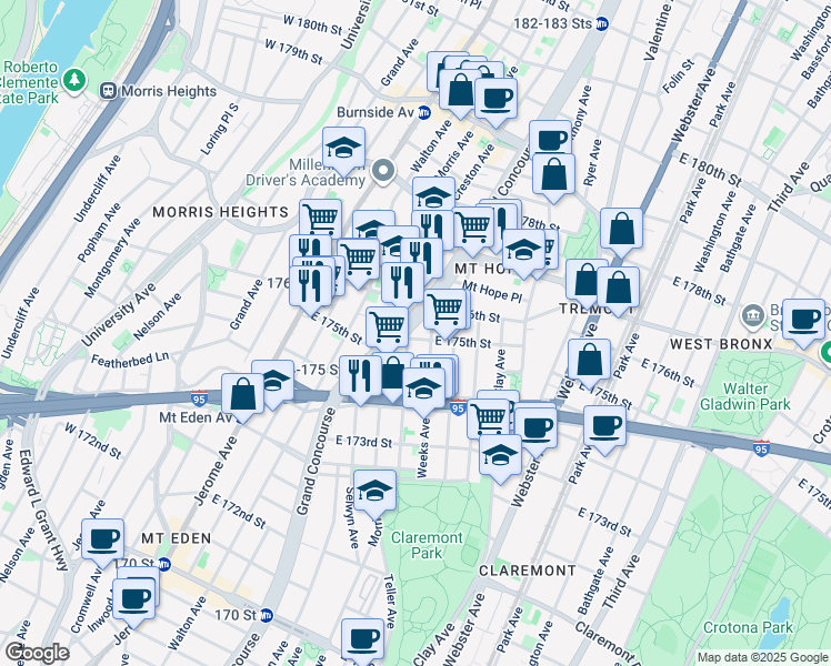 map of restaurants, bars, coffee shops, grocery stores, and more near 1780 Eastburn Avenue in Bronx