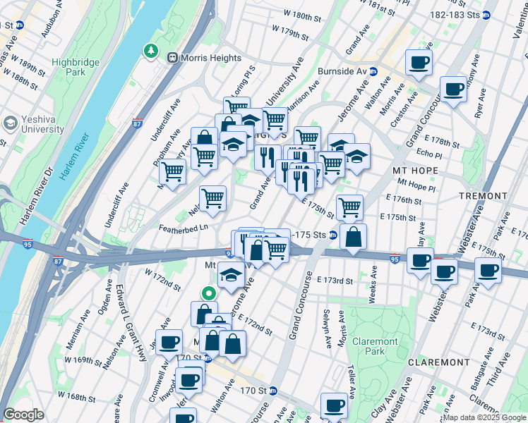 map of restaurants, bars, coffee shops, grocery stores, and more near 1678 Davidson Avenue in The Bronx