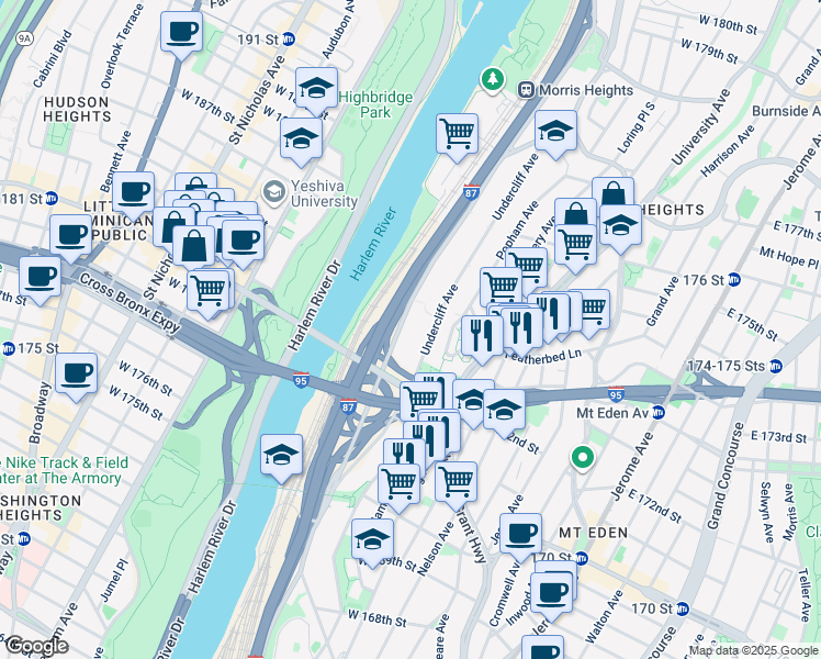 map of restaurants, bars, coffee shops, grocery stores, and more near 1514 Sedgwick Avenue in The Bronx