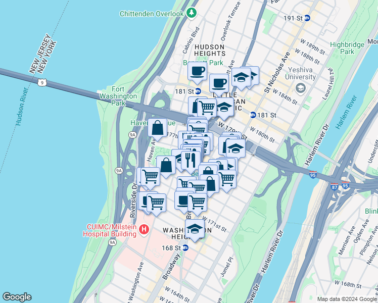 map of restaurants, bars, coffee shops, grocery stores, and more near in New York