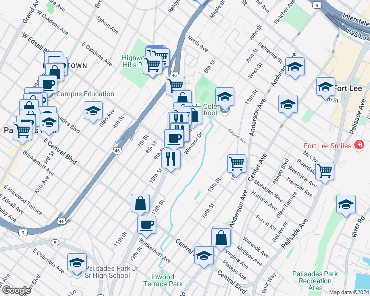 map of restaurants, bars, coffee shops, grocery stores, and more near 342 East Edsall Boulevard in Palisades Park