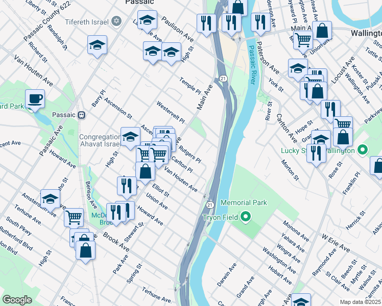 map of restaurants, bars, coffee shops, grocery stores, and more near 22 Rutgers Place in Passaic