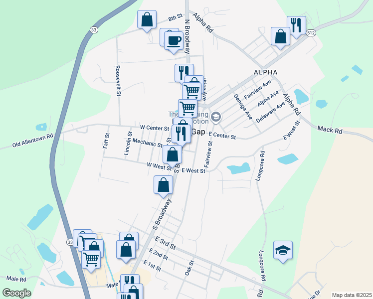 map of restaurants, bars, coffee shops, grocery stores, and more near 109 South Lehigh Avenue in Wind Gap