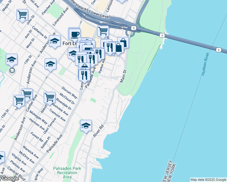 map of restaurants, bars, coffee shops, grocery stores, and more near 1538 River Road in Edgewater