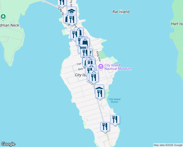 map of restaurants, bars, coffee shops, grocery stores, and more near 281 City Island Avenue in Bronx