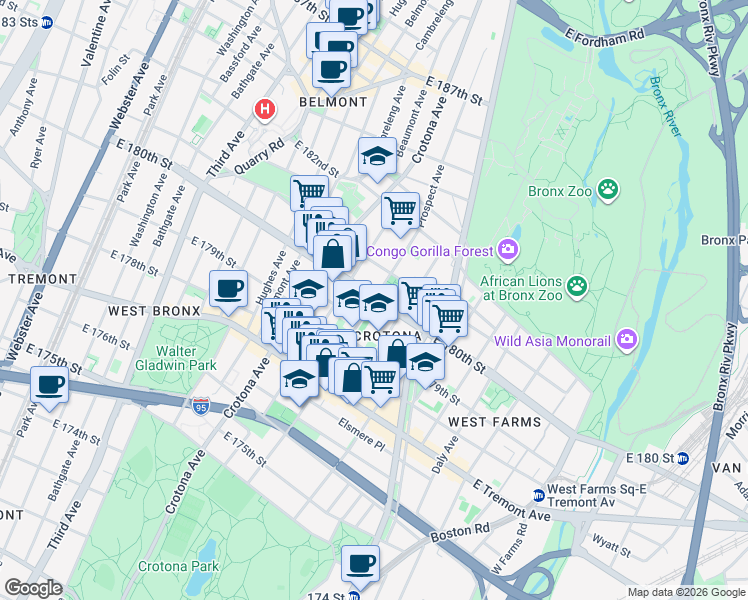 map of restaurants, bars, coffee shops, grocery stores, and more near East 180th Street in Bronx