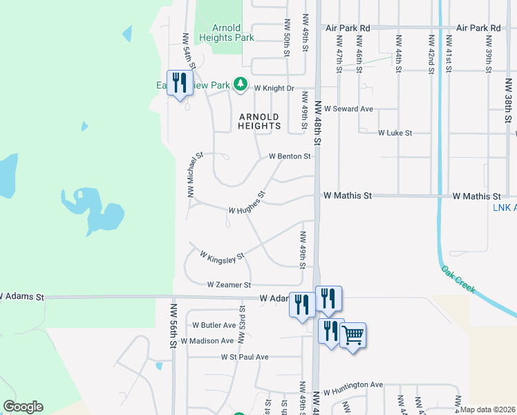 map of restaurants, bars, coffee shops, grocery stores, and more near 5201 West Hughes Street in Lincoln
