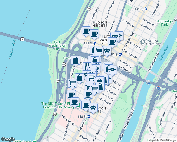 map of restaurants, bars, coffee shops, grocery stores, and more near 350 Fort Washington Avenue in New York