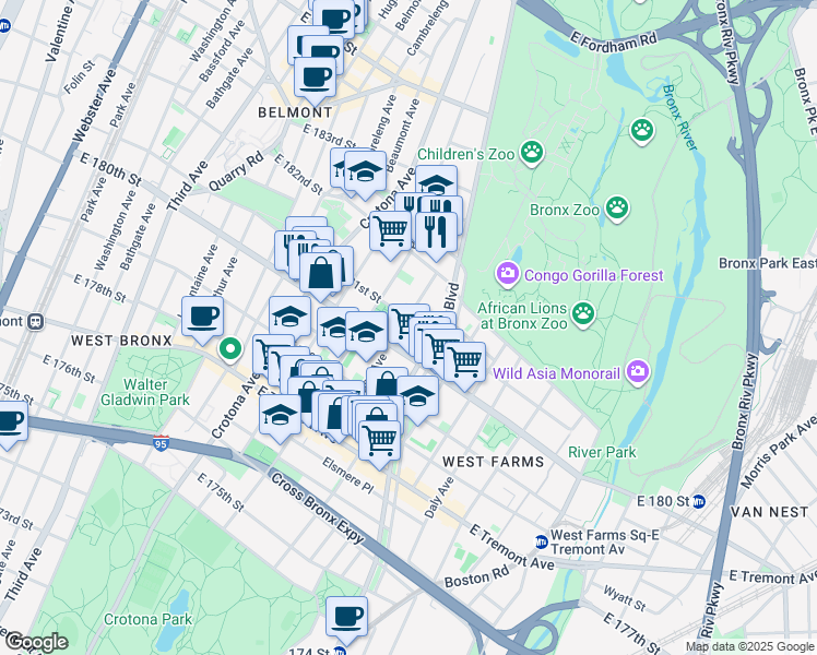 map of restaurants, bars, coffee shops, grocery stores, and more near 801 East 180th Street in Bronx