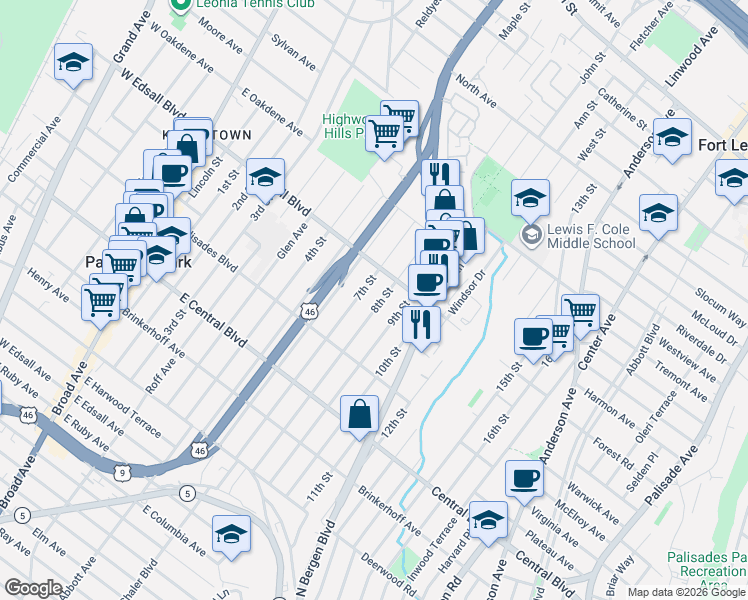 map of restaurants, bars, coffee shops, grocery stores, and more near 438 8th Street in Palisades Park
