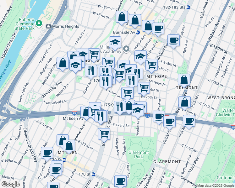 map of restaurants, bars, coffee shops, grocery stores, and more near 1750 Walton Avenue in Bronx