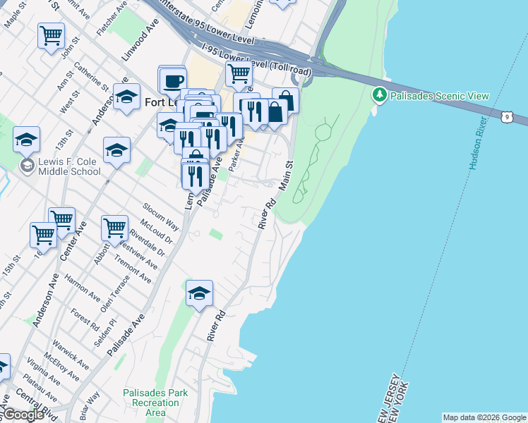 map of restaurants, bars, coffee shops, grocery stores, and more near 11031 River Road in Edgewater