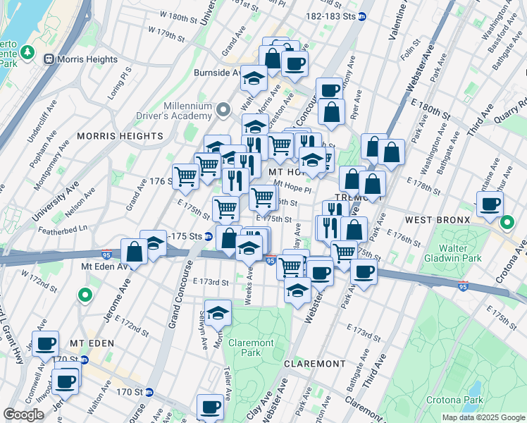 map of restaurants, bars, coffee shops, grocery stores, and more near 1785 Monroe Avenue in Bronx