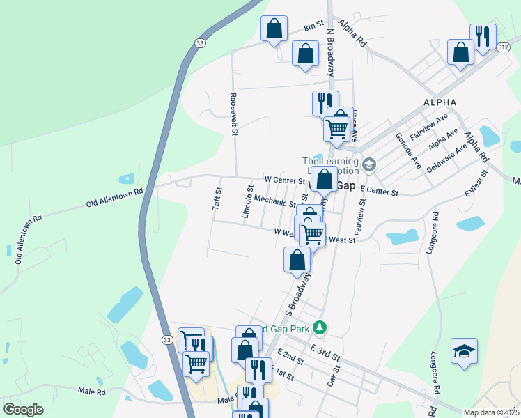 map of restaurants, bars, coffee shops, grocery stores, and more near 149 Jefferson Street in Wind Gap