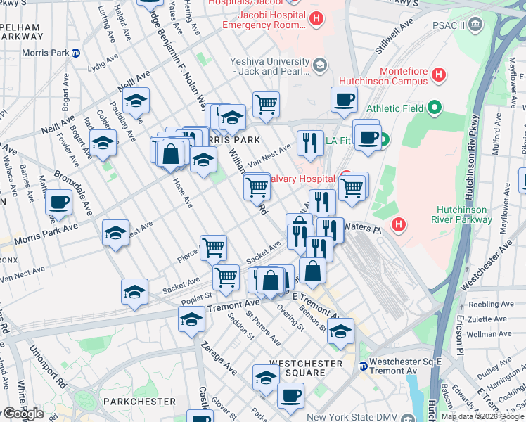 map of restaurants, bars, coffee shops, grocery stores, and more near Williamsbridge Road in Bronx