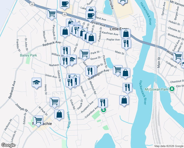 map of restaurants, bars, coffee shops, grocery stores, and more near 141 Washington Avenue in Little Ferry