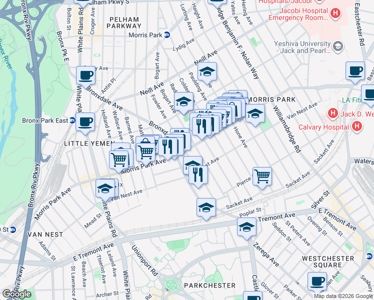 map of restaurants, bars, coffee shops, grocery stores, and more near 925 Morris Park Avenue in Bronx