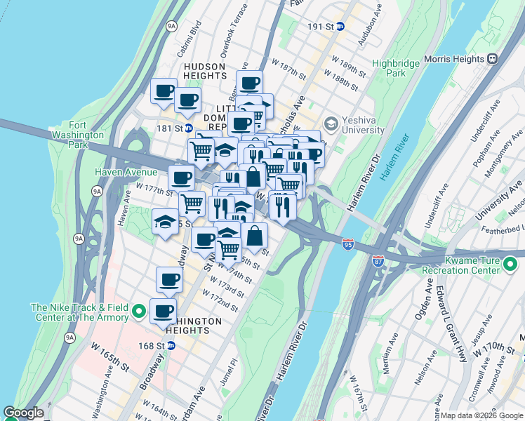 map of restaurants, bars, coffee shops, grocery stores, and more near 260 Audubon Avenue in New York