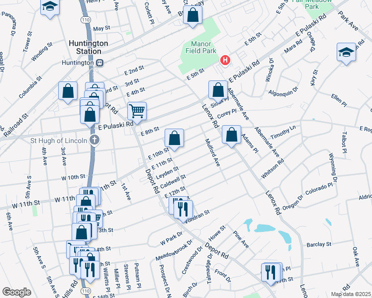 map of restaurants, bars, coffee shops, grocery stores, and more near 156 East 11th Street in Huntington Station