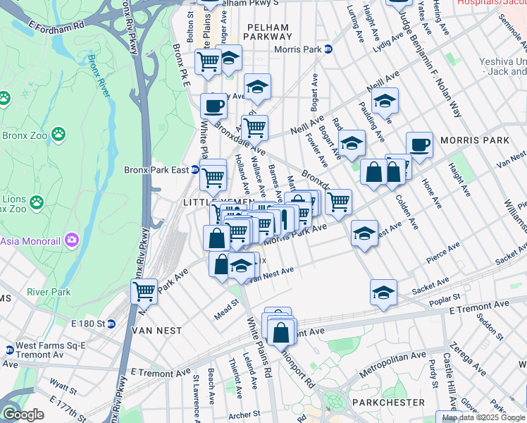 map of restaurants, bars, coffee shops, grocery stores, and more near 1830 Holland Avenue in The Bronx