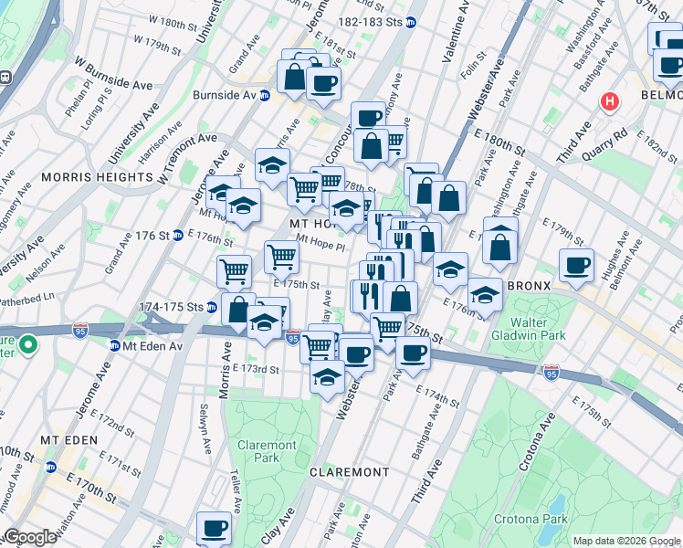 map of restaurants, bars, coffee shops, grocery stores, and more near 1806 Anthony Avenue in The Bronx