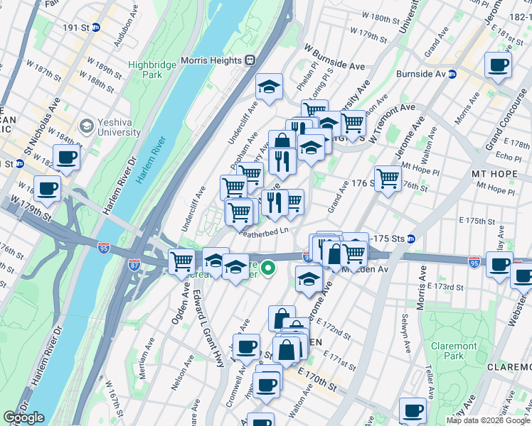 map of restaurants, bars, coffee shops, grocery stores, and more near 107 Featherbed Lane in Bronx